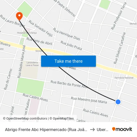 Abrigo Frente Abc Hipermercado (Rua João Alfredo) to Uberaba map