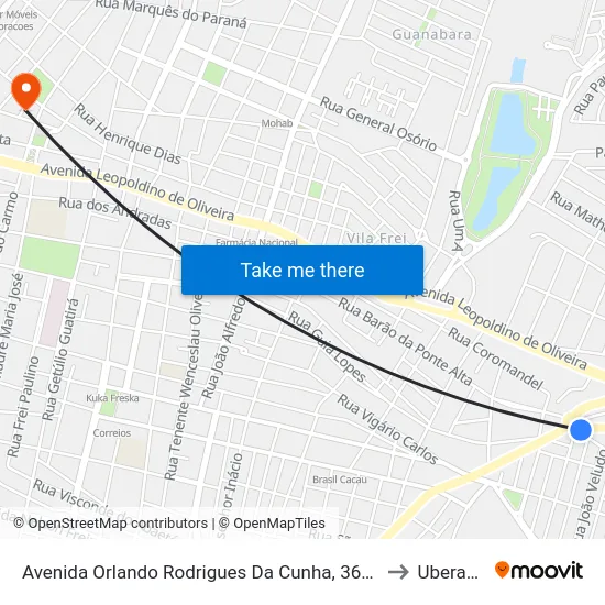 Avenida Orlando Rodrigues Da Cunha, 3620 to Uberaba map
