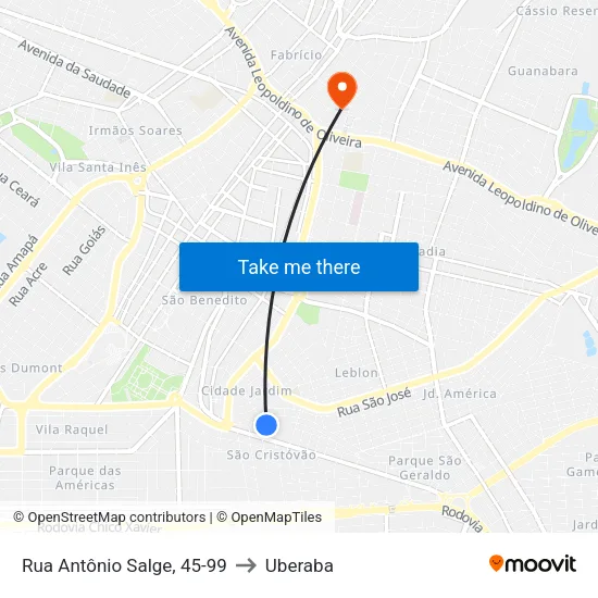 Rua Antônio Salge, 45-99 to Uberaba map