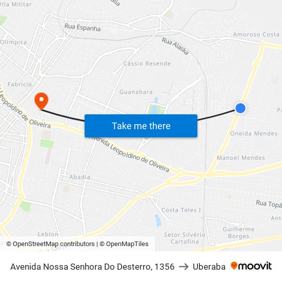 Avenida Nossa Senhora Do Desterro, 1356 to Uberaba map