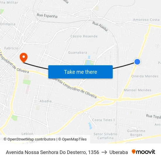 Avenida Nossa Senhora Do Desterro, 1356 to Uberaba map