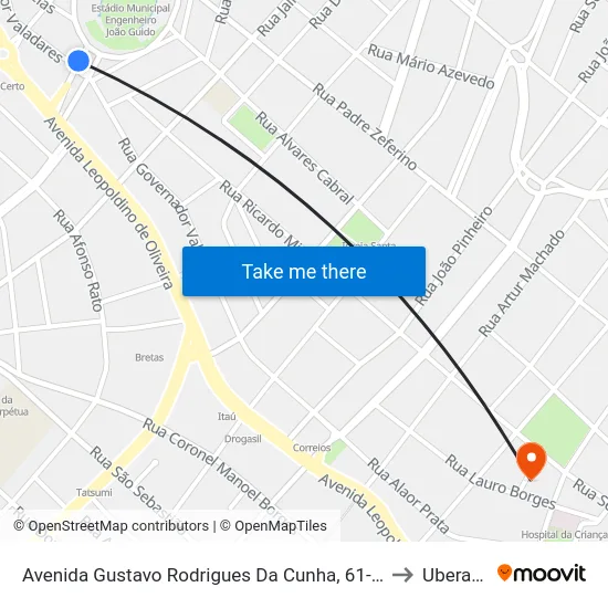 Avenida Gustavo Rodrigues Da Cunha, 61-119 to Uberaba map