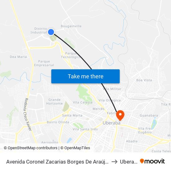 Avenida Coronel Zacarias Borges De Araújo, 1077 to Uberaba map