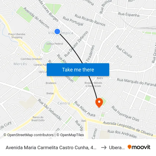 Avenida Maria Carmelita Castro Cunha, 450-566 to Uberaba map