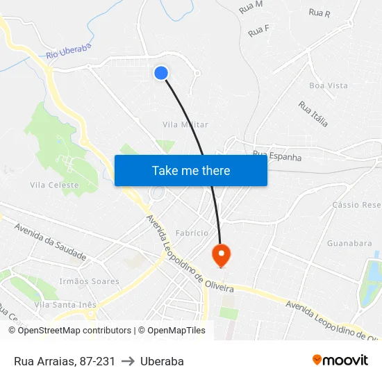 Rua Arraias, 87-231 to Uberaba map