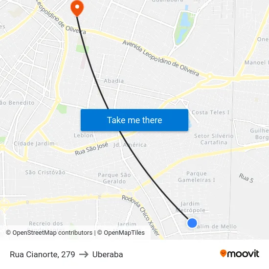 Rua Cianorte, 279 to Uberaba map