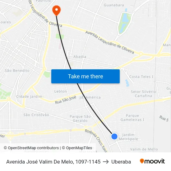 Avenida José Valim De Melo, 1097-1145 to Uberaba map