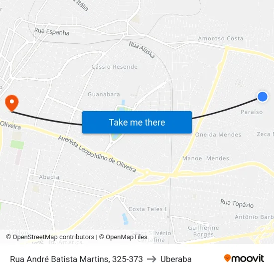Rua André Batista Martins, 325-373 to Uberaba map