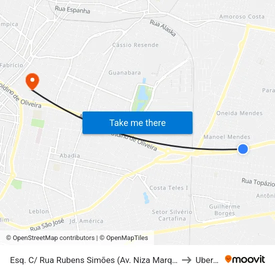 Esq. C/ Rua Rubens Simões (Av. Niza Marquez Guaritá) to Uberaba map