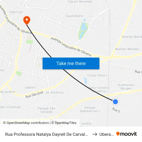 Rua Professora Natalya Dayrell De Carvalho, 128 to Uberaba map