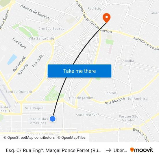 Esq. C/ Rua Engº. Marçal Ponce Ferret (Rua José Silveira) to Uberaba map