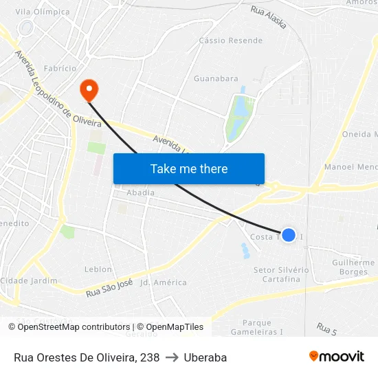 Rua Orestes De Oliveira, 238 to Uberaba map