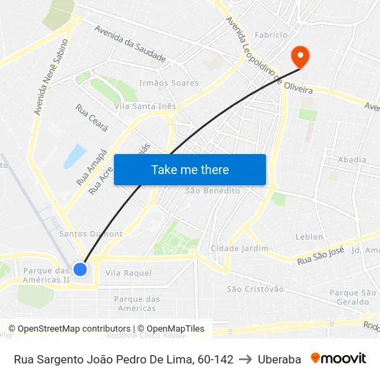 Rua Sargento João Pedro De Lima, 60-142 to Uberaba map