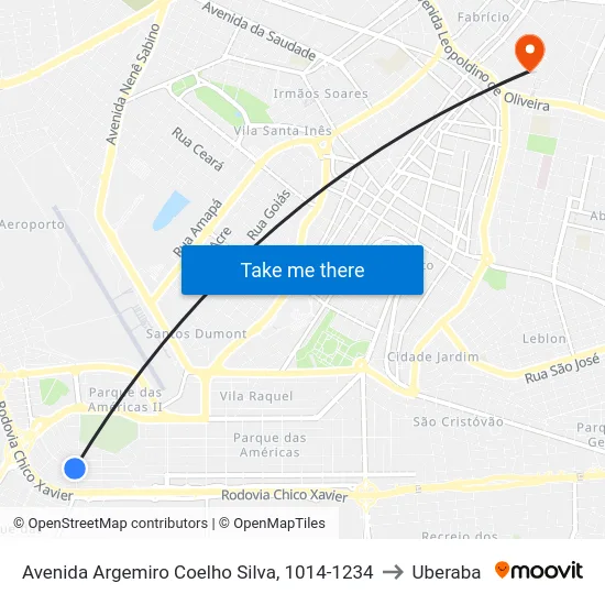 Avenida Argemiro Coelho Silva, 1014-1234 to Uberaba map
