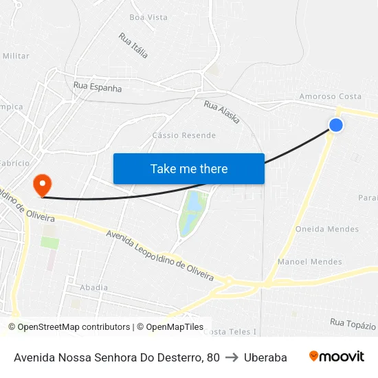 Avenida Nossa Senhora Do Desterro, 80 to Uberaba map