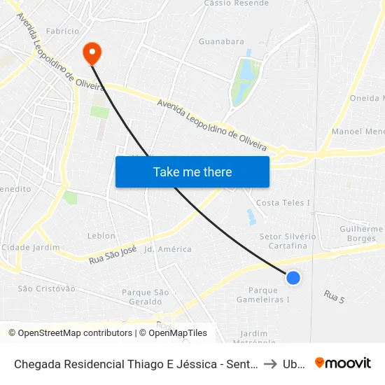 Chegada Residencial Thiago E Jéssica - Sentido Parque Das Aroeiras (Rua D) to Uberaba map