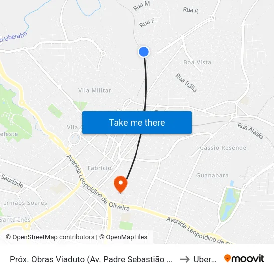 Próx. Obras Viaduto (Av. Padre Sebastião Carmelita) to Uberaba map