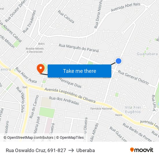 Rua Oswaldo Cruz, 691-827 to Uberaba map