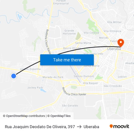 Rua Joaquim Deodato De Oliveira, 397 to Uberaba map