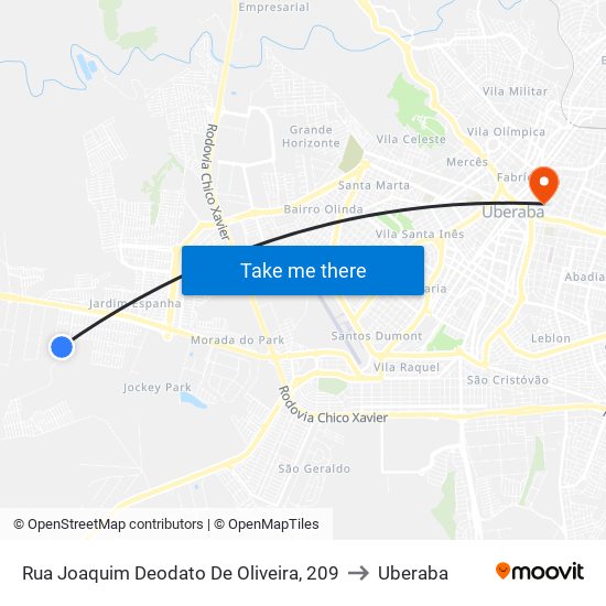 Rua Joaquim Deodato De Oliveira, 209 to Uberaba map