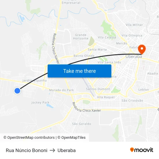 Rua Núncio Bononi to Uberaba map