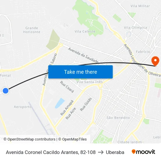 Avenida Coronel Cacildo Arantes, 82-108 to Uberaba map