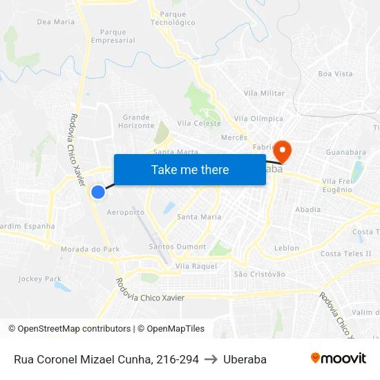 Rua Coronel Mizael Cunha, 216-294 to Uberaba map