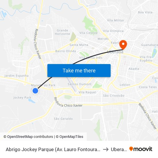 Abrigo Jockey Parque (Av. Lauro Fontoura Júnior) to Uberaba map