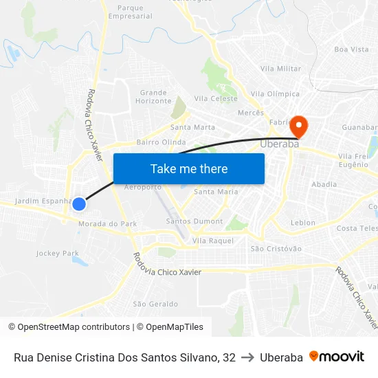 Rua Denise Cristina Dos Santos Silvano, 32 to Uberaba map