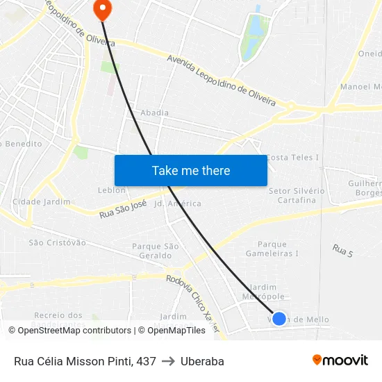 Rua Célia Misson Pinti, 437 to Uberaba map