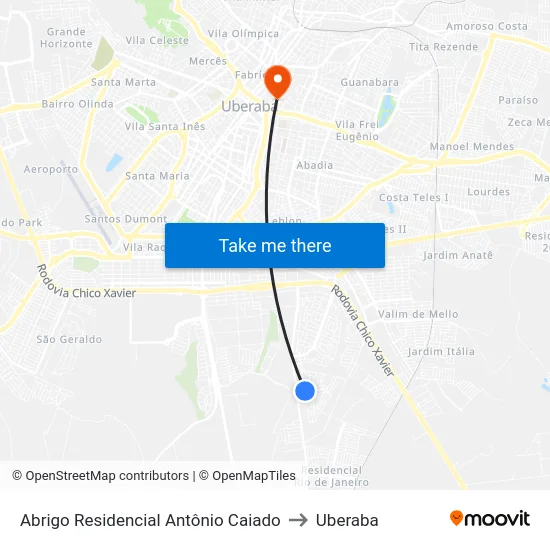 Abrigo Residencial Antônio Caiado to Uberaba map