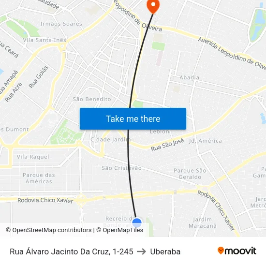 Rua Álvaro Jacinto Da Cruz, 1-245 to Uberaba map