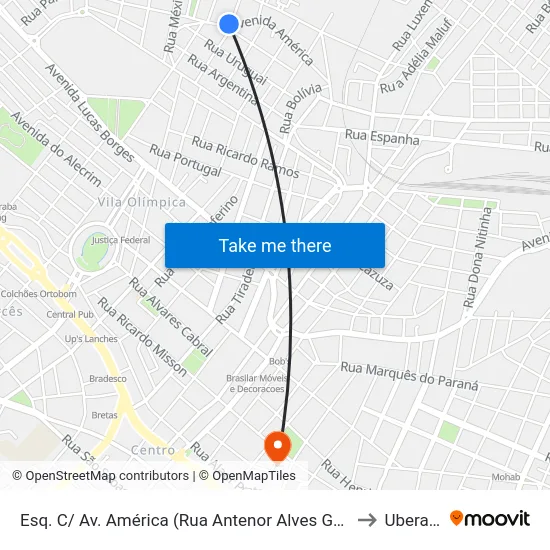 Esq. C/ Av. América (Rua Antenor Alves Gomes) to Uberaba map