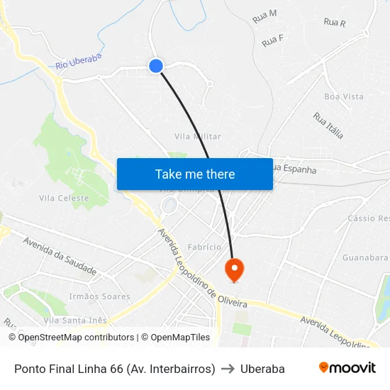 Ponto Final Linha 66 (Av. Interbairros) to Uberaba map