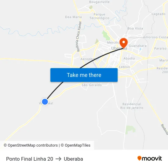 Ponto Final Linha 20 to Uberaba map