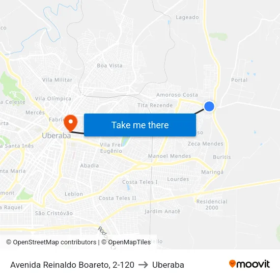 Avenida Reinaldo Boareto, 2-120 to Uberaba map