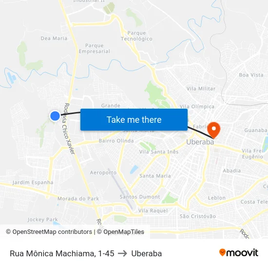 Rua Mônica Machiama, 1-45 to Uberaba map