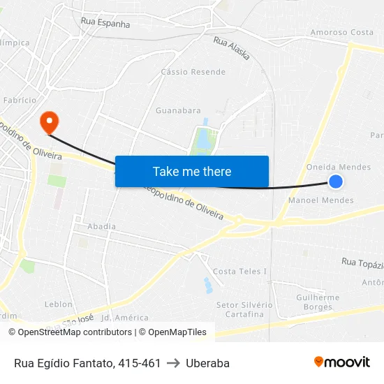 Rua Egídio Fantato, 415-461 to Uberaba map
