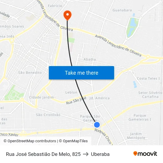 Rua José Sebastião De Melo, 825 to Uberaba map