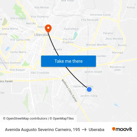 Avenida Augusto Severino Carneiro, 195 to Uberaba map