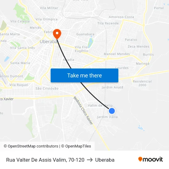Rua Valter De Assis Valim, 70-120 to Uberaba map