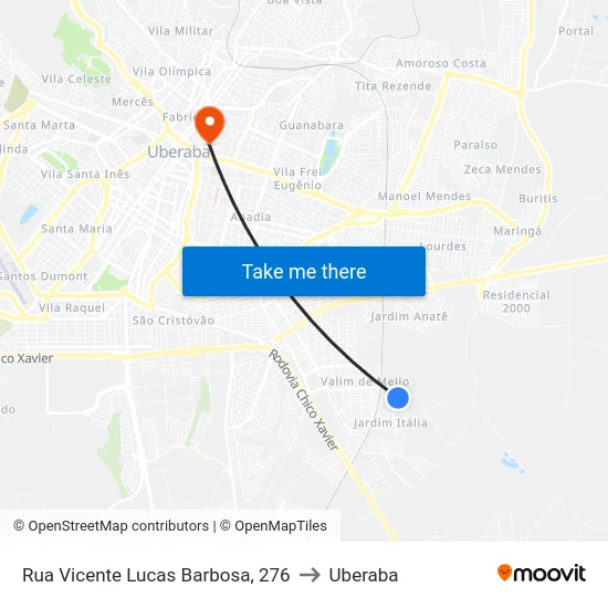 Rua Vicente Lucas Barbosa, 276 to Uberaba map