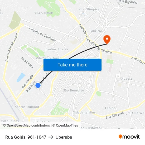 Rua Goiás, 961-1047 to Uberaba map
