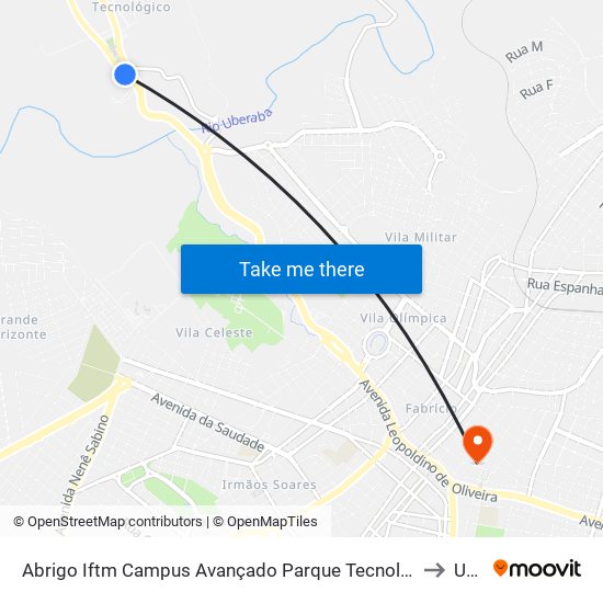 Abrigo Iftm Campus Avançado Parque Tecnológico - Sentido Terminal Oeste (Av. Dr. Randolfo Borges Júnior) to Uberaba map