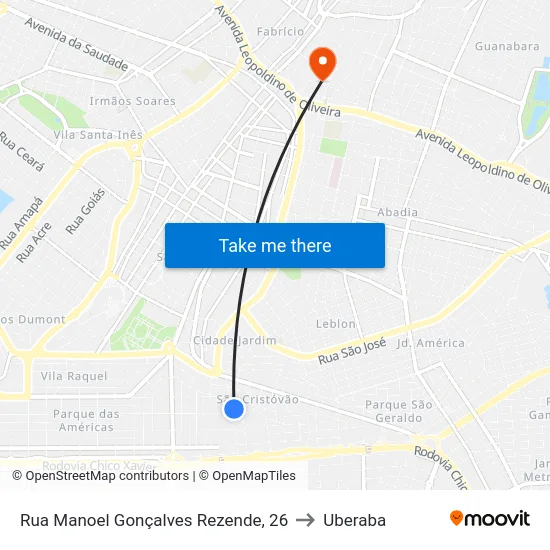 Rua Manoel Gonçalves Rezende, 26 to Uberaba map