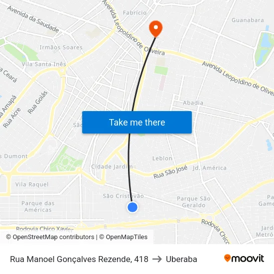 Rua Manoel Gonçalves Rezende, 418 to Uberaba map