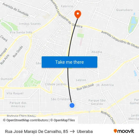 Rua José Marajó De Carvalho, 85 to Uberaba map