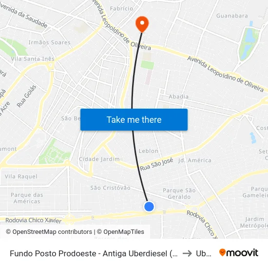 Fundo Posto Prodoeste - Antiga Uberdiesel (Rua Menino Jesus De Praga) to Uberaba map
