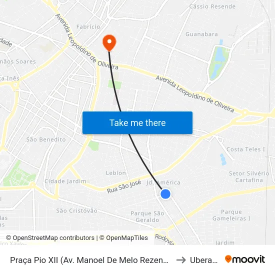 Praça Pio XII (Av. Manoel De Melo Rezende) to Uberaba map