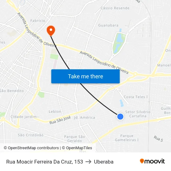Rua Moacir Ferreira Da Cruz, 153 to Uberaba map